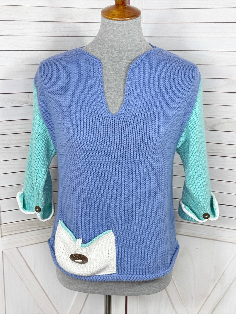 Vintage 90s Pure HandKnit Color Block Crop Sweater‎ Blue Teal XS Small Fisherman